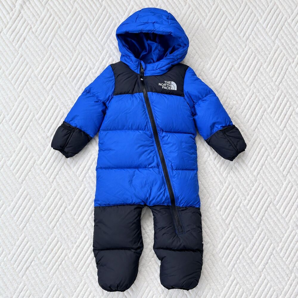 The North Face Baby 12-18M Nuptse 700 Down Blue Black Hooded Puffer Snowsuit